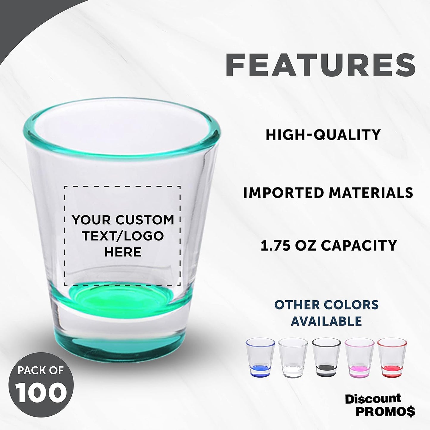 Custom Shot Glasses 1.75 oz. Set of 100, Personalized Bulk Pack - Great for Wedding Favors, Bachelorette Party Decorations, Party Fovors, Color Bottom - Green