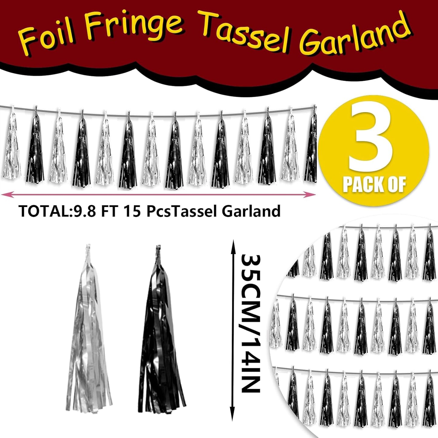 3P Black Silver Foil Fringe Metallic Tassel Streamers Banner Tassel Garland for Parade Floats, Graduation, Wedding, Birthday, Halloween, Christmas, Bridal/Baby Shower Party Decorations