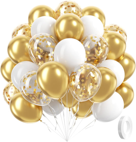60pcs Gold and White Balloons 12inch, White and Gold Balloons with Metallic Gold Confetti Balloons for Graduation Wedding Engagement Birthday Party Decorations