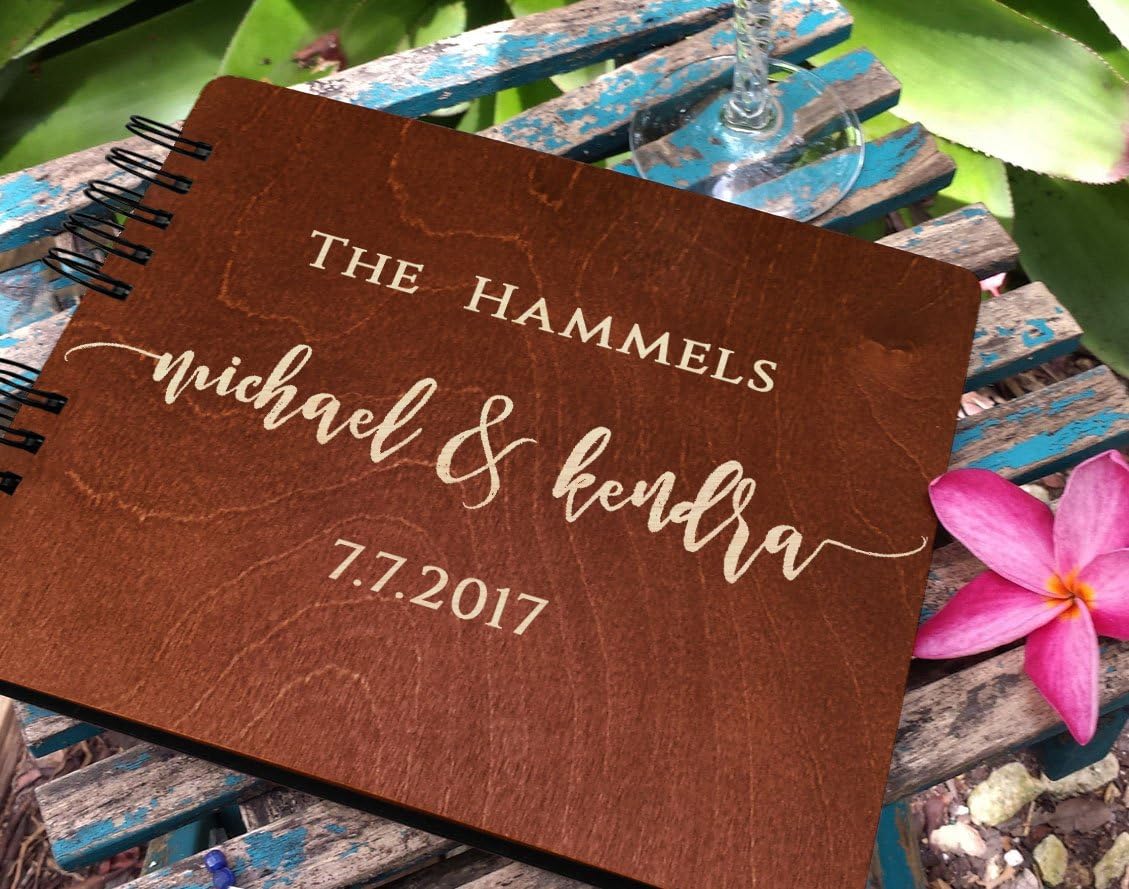 Wooden Wedding Guest Book (8.5"x 7" Mahogany Stain) Personalized Wood Rustic Charm Engraved for Bride and Groom Vintage Monogrammed Unique Anniversary Bridal Guest Registry Guestbook Made in USA