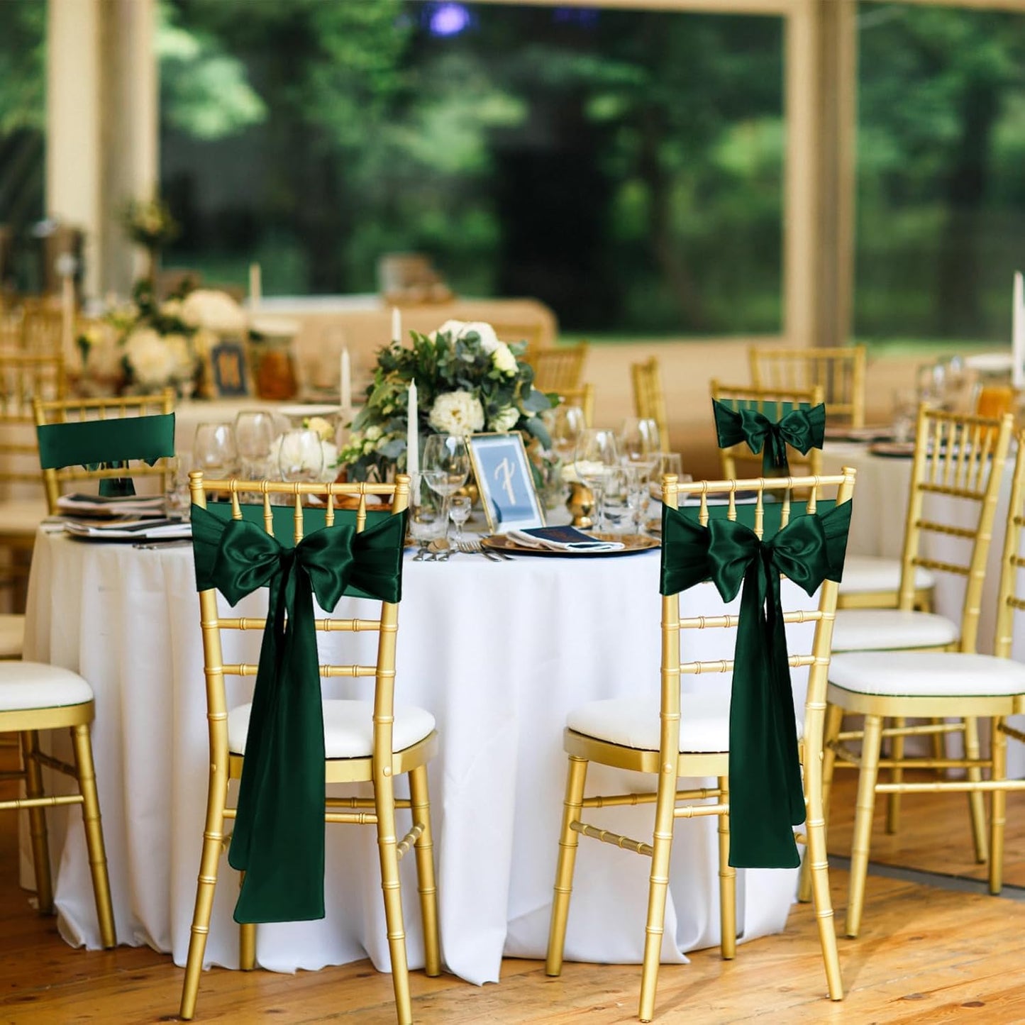50 PCS Forest Green Satin Chair Sashes Bows Universal Chair Ribbon Ties Back Sash for Wedding Party Reception Events Banquets Hotel Event Chair Cover Decoration (7x108 inch)