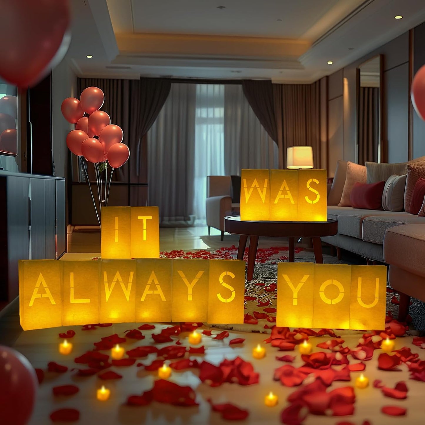 Homemory It was Always You Light Up Letters with Flameless Candles and Fake Rose Petals, Valentine's Day Luminary Bags Romantic Decorations Special Night for Proposal Wedding Anniversary