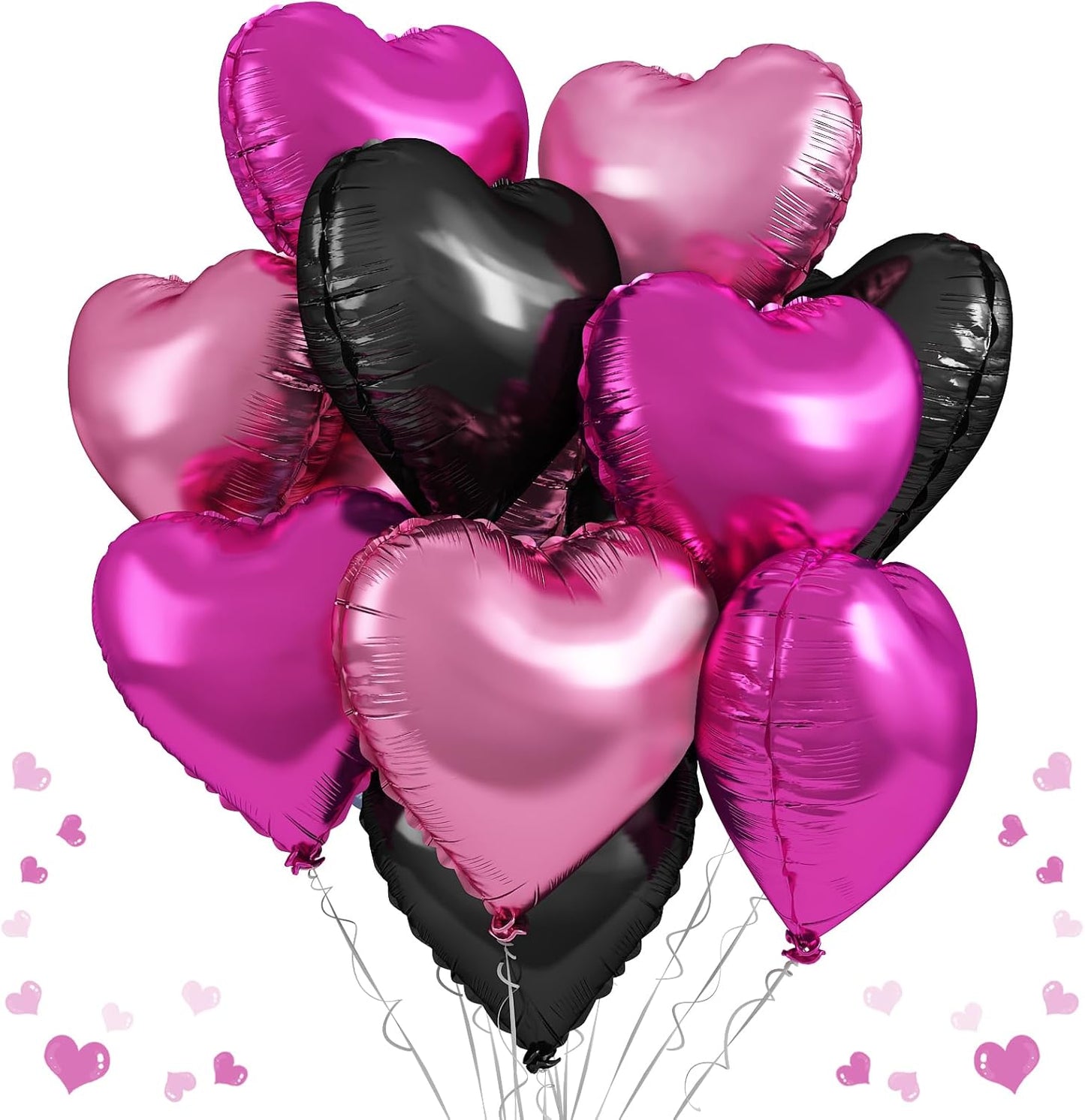Pink Black Heart Foil Balloons, 12Pcs 18 Inch Hot Pink and Black Heart Shaped Foil Helium Balloon Party Decorations for Girls Women Princess Birthday Baby Shower Bridal Wedding Bachelorette