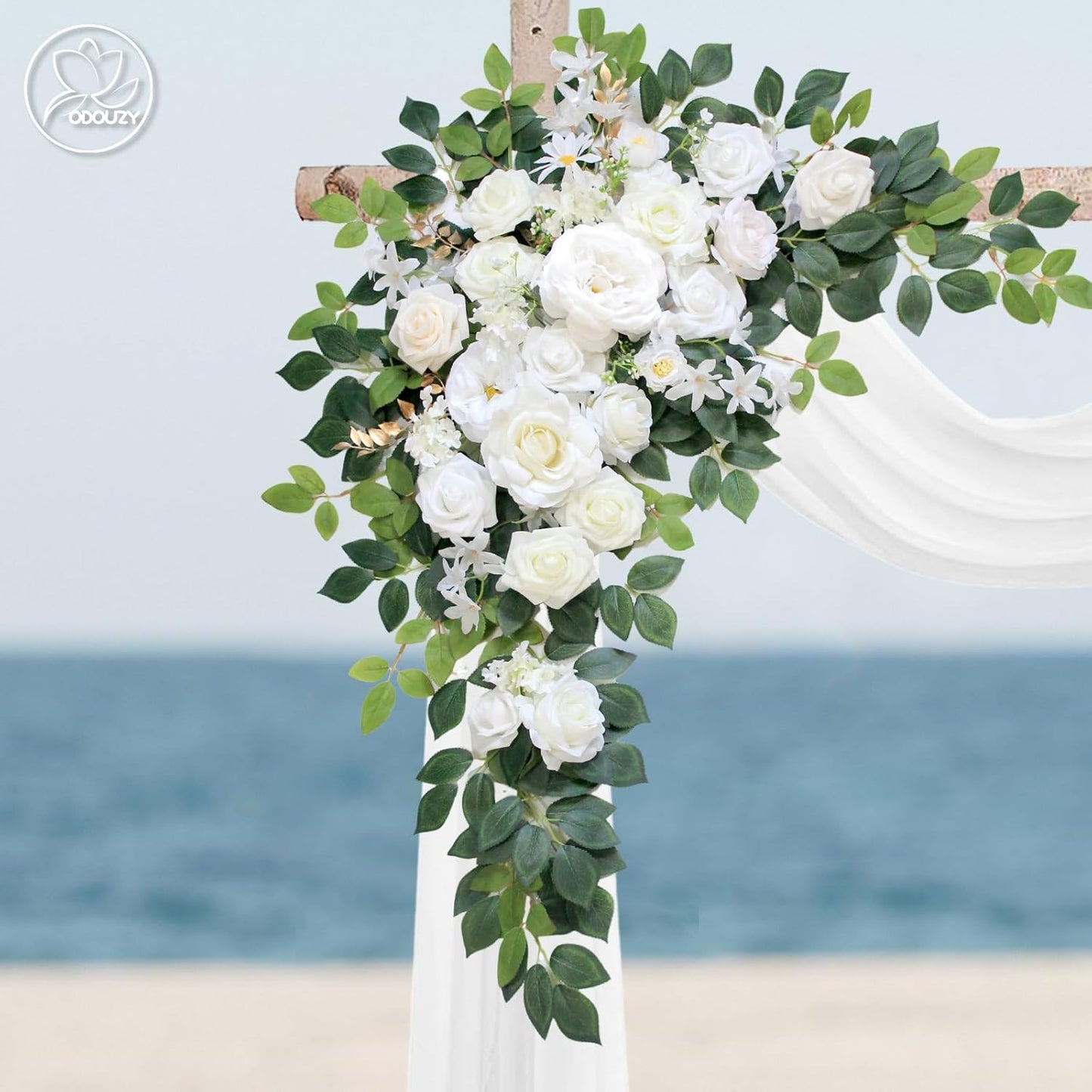 Wedding Arch Flowers Kit,Artificial Flower Arch Decor (Set of 3),2pcs Artificial Flower Arrangement with 1pc Sheer Drape for Wedding Decor Reception Backdrop Floral Decorations (Ivory White)