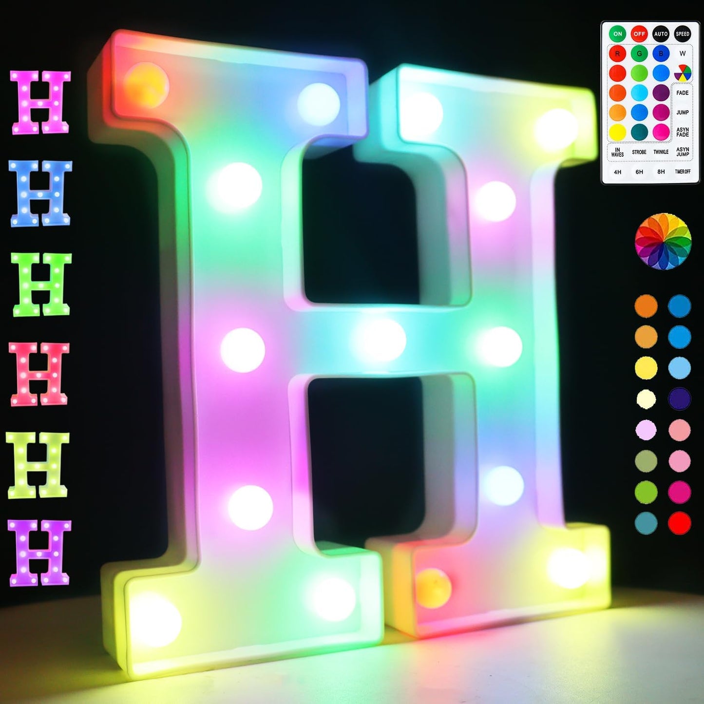Light Up Colorful LED Marquee Letter lights, 18 Colors Changing Alphabet Letters Sign with Remote Timer for Night Light Girls Bedroom Wedding Birthday Party Lamp Christmas Home Bar Decor- Colorful H
