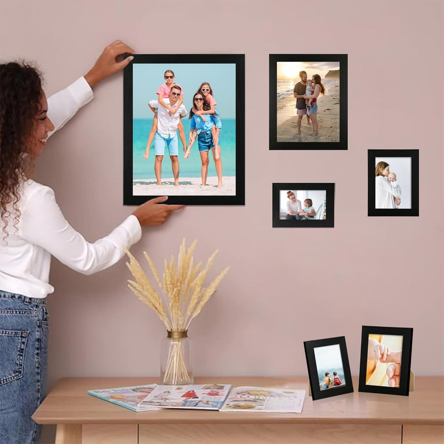 4x6 Picture Frame Set of 4, Black Wooden Frame with High Definition Glass, 4 x 6 Photo Frames for Tabletop Display and Wall Mounting