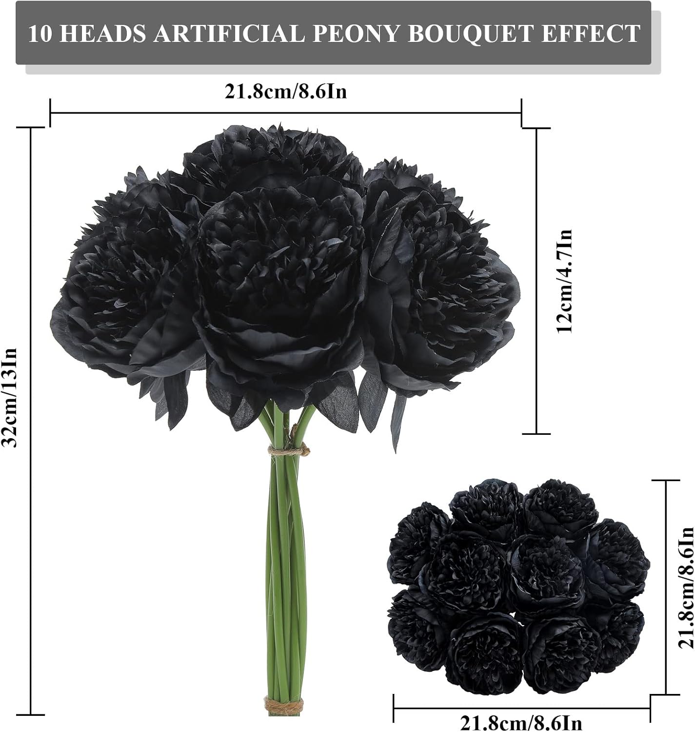 U'Artlines 10 Heads Artificial Peony Silk Flower Leaf Home Office Wedding Party Festival Bar Decor (Black)