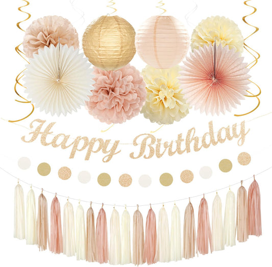 Champagne-Gold Beige 21st Happy-Birthday Party-Decorations - 31pcs Sweet 16 18th Women Girls Paper Lanterns Streamers Banner,Tissue Pom Poms Fans Tassels Graland Decor,Fall Boho Rose Backdrop Hugmoon