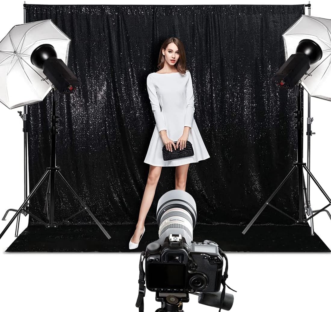 Poise3EHome 7Ft x 7Ft Black Sequin Backdrop, Glitter Thick Satin Sequin Background Drapes, Sequence Xmas Thanksgiving Backdrop for Wedding Party Holiday Festival Decor