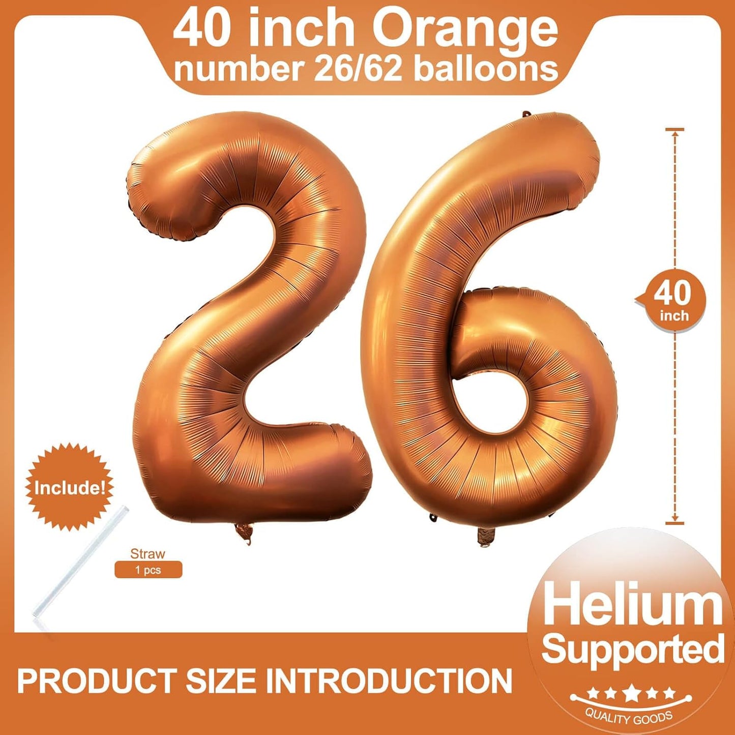 Number 26 Giant Orange 40 Inch Foil Helium Balloons for 26th Birthday Party Supplies
