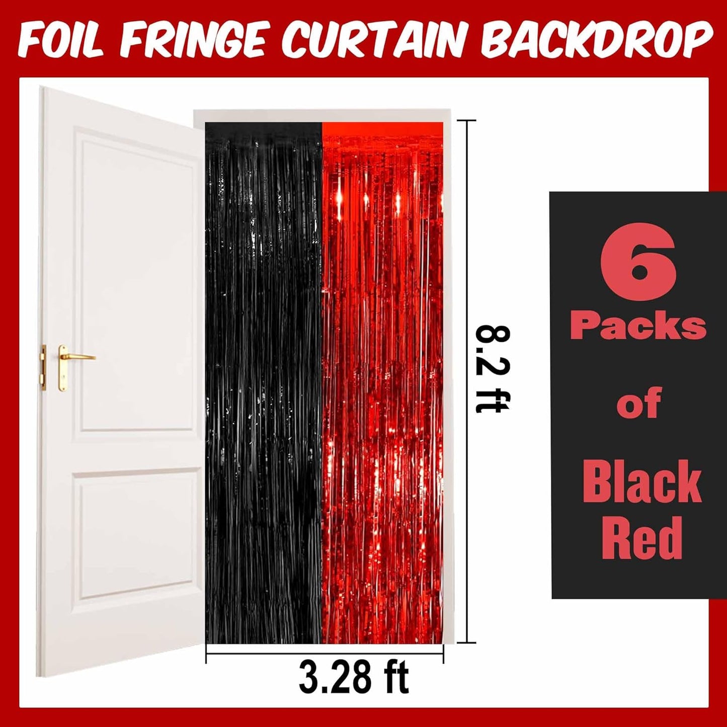 6 Pack Black and Red Foil Fringe Curtains Backdrop, 3.28 x 8.2 Ft Metallic Streamers Tinsel Curtains Background for Photo Booth, Birthday, Weddings, Carnivals, Graduation, Themed Party Decorations