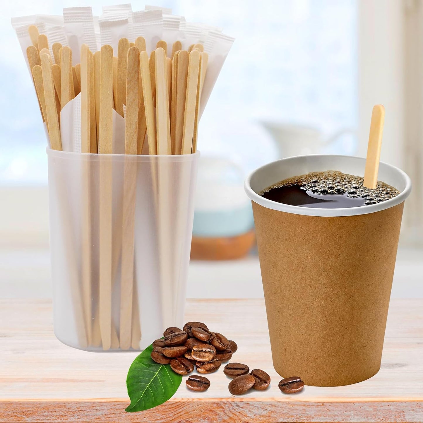 200PCS 5.5 in Individually Wrapped in Paper Wooden Coffee Stirrers, A+++Level Smooth Rounded Edges Wood Sticks for Daily Use or Other DIY Craft Design (200pcs)