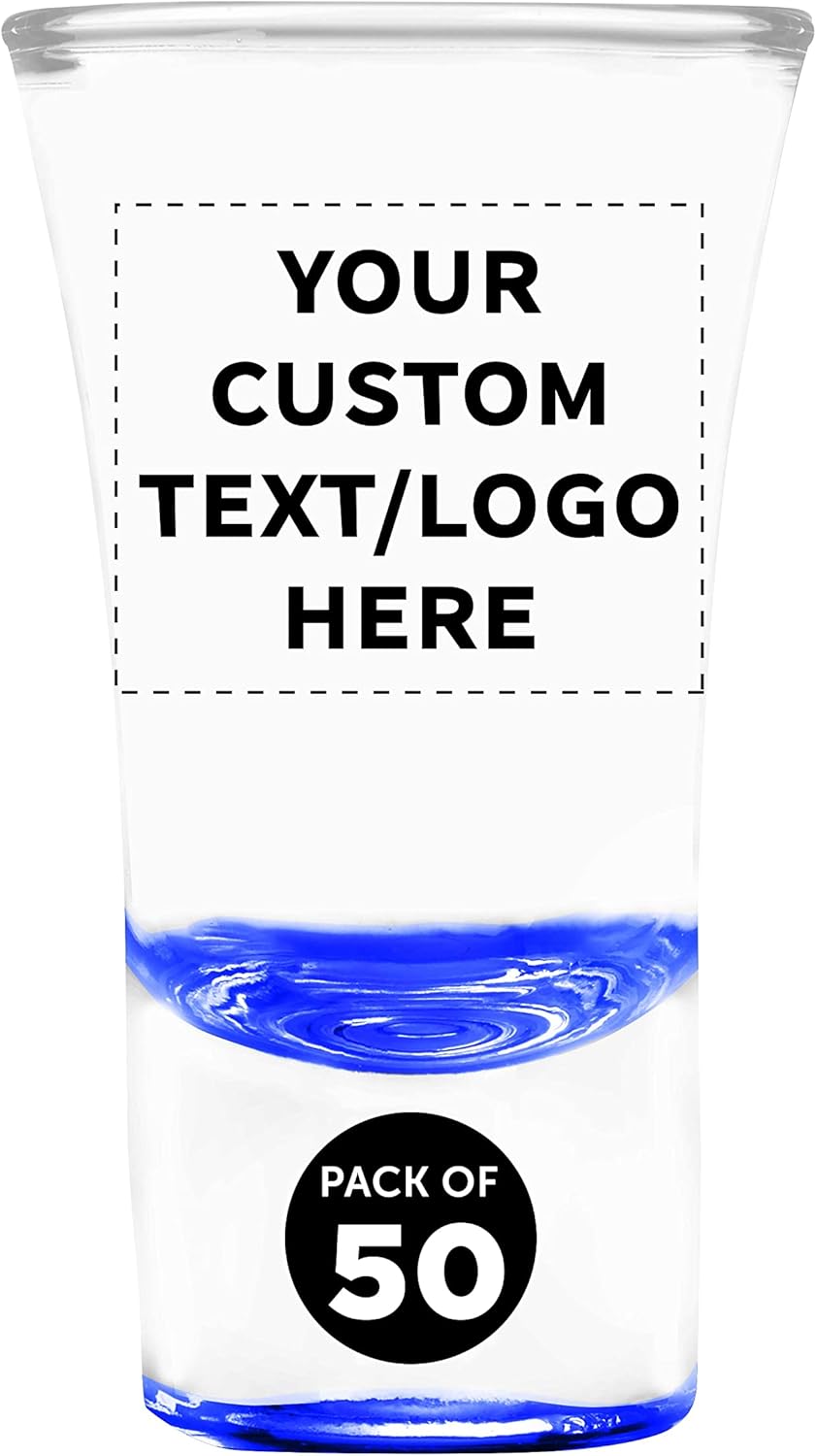 Custom 2 oz. Lord Shooter Etched Shot Glasses, 50 pack, Personalized Text, Logo, 21st Birthday Party, Lounge Glassware, Blue