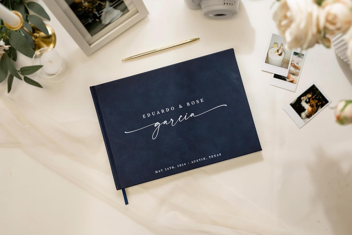 Personalized Guest Book - 11.5" x 8.5" Custom Bride & Groom Names with Bookmark and Hard Cover 140 GSM Blank Pages, for Weddings Guest Book, Engagements, Birthdays, Special Events, Navy