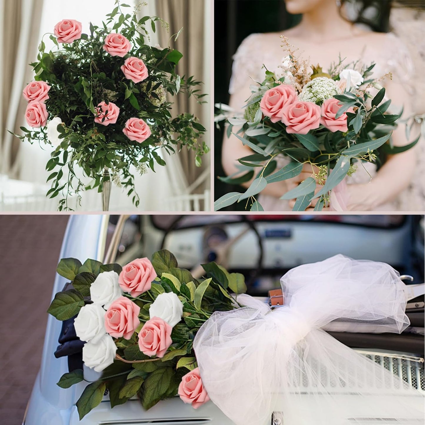 200PCS Artificial Flowers Pink Roses Real Looking Foam Fake Roses with Leaves for DIY Wedding Bouquets Bridal Shower Party Decorations (Pink, 200)