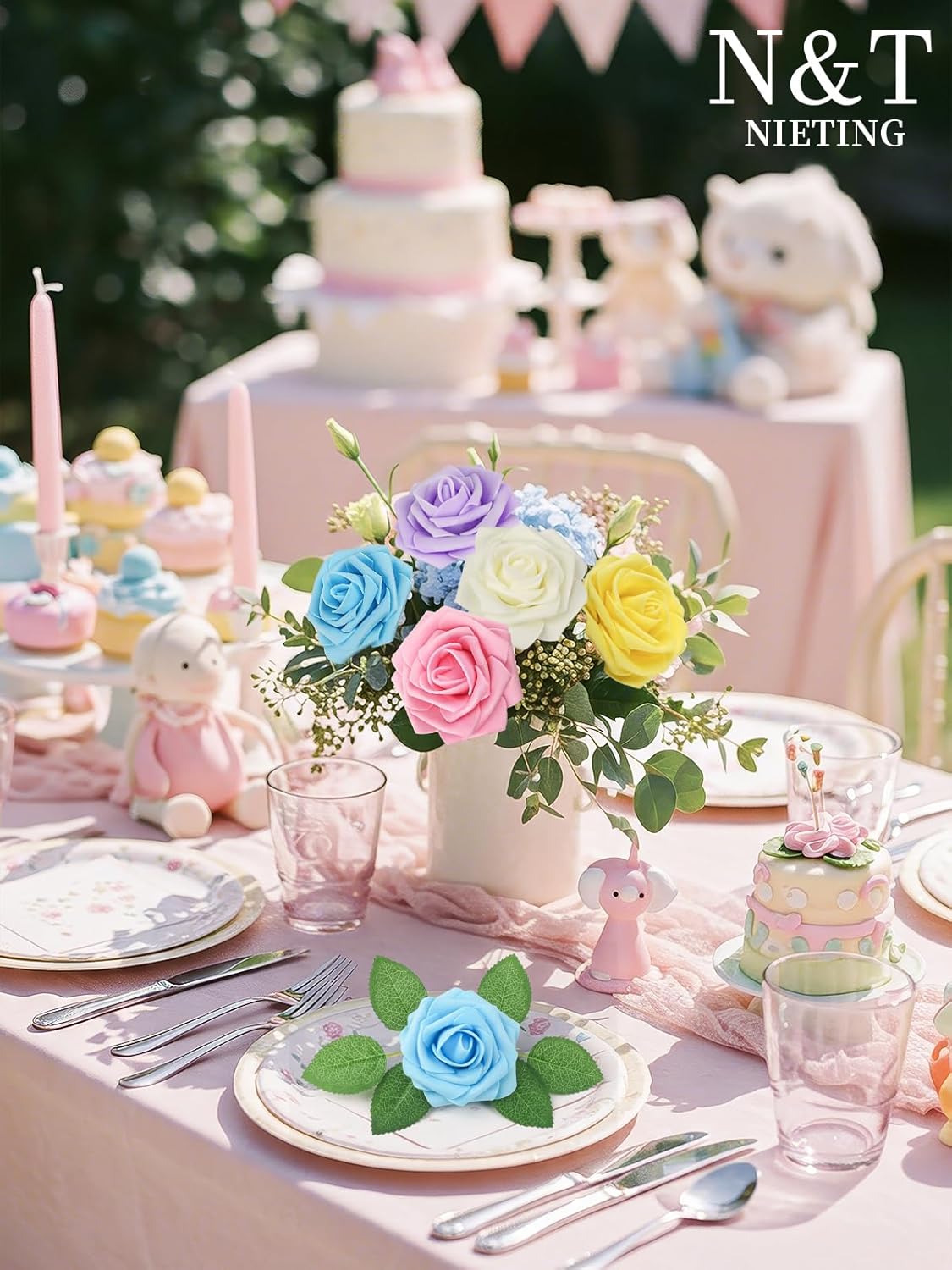 N&T NIETING Artificial Flowers Easter, Fake Flowers Roses Perfect for DIY Wedding Bridal Bouquets Centerpieces Bridal Shower Party Home Flower Arrangement Decorations, 50Pcs, Series Color B