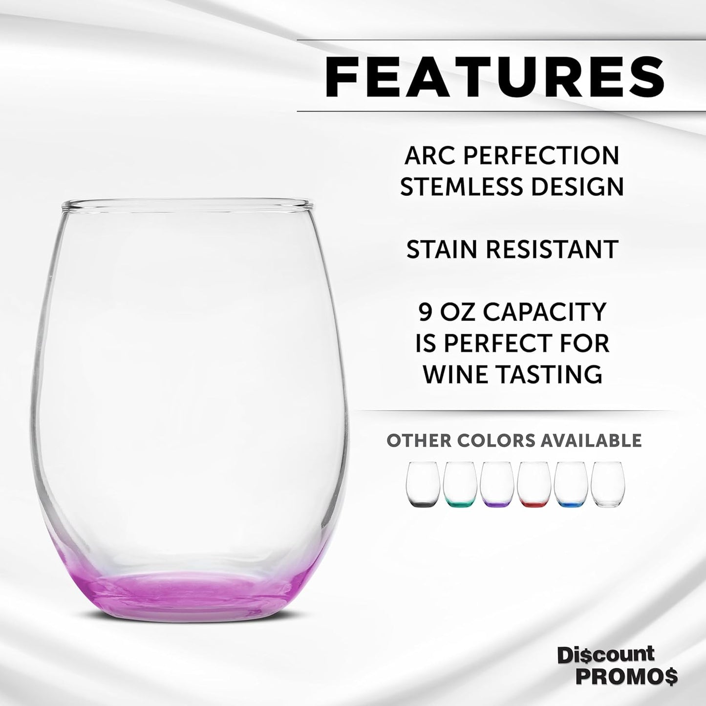 DISCOUNT PROMOS Stemless Wine Glass 9 oz. Set of 10, Bulk Pack - Great for Wedding Favors, Bachelorette Party and More - Pink Bottom Color