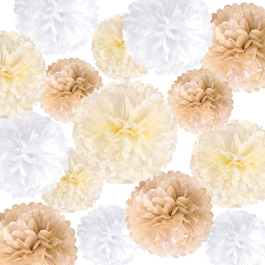 SUNBEAUTY 15 PCS Boho Champagne Pom Poms Tissue Paper Flowers, Wall Hanging Decor Neutral Party Wedding Decorations,Cream Beige White Paper Flowers for Wedding Birthday Bridal Showers Party Supplies