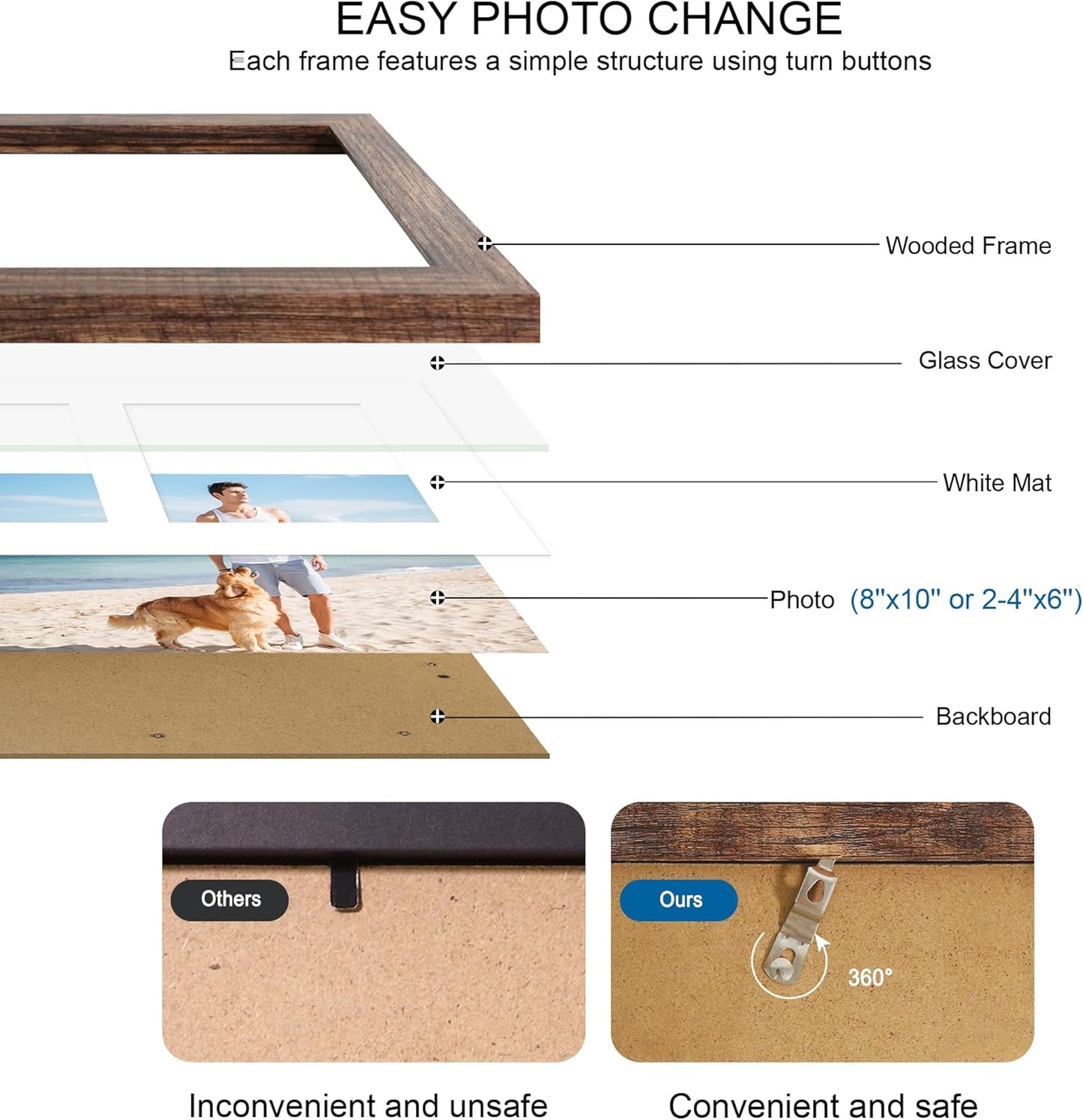 8x10 Picture Frame Set of 2, Rustic Brown Wood Frame with Glass Collage Frame, Display Pictures Two 4x6 With Mat or 8 x 10 Without Mat - Horizontal or Vertical Wall Mounting