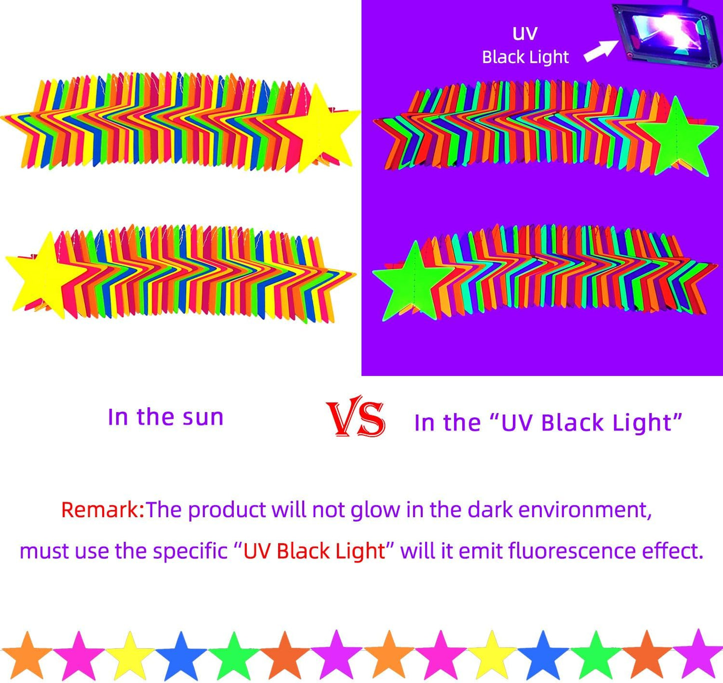 120feet UV Star Paper Neon Garland Neon Streamers Black Light Neon Decorations for Dark Glow Party UV Reactive Neon Party Favors Glow in The Dark Party Supplies for Party Wedding Birthday Banners