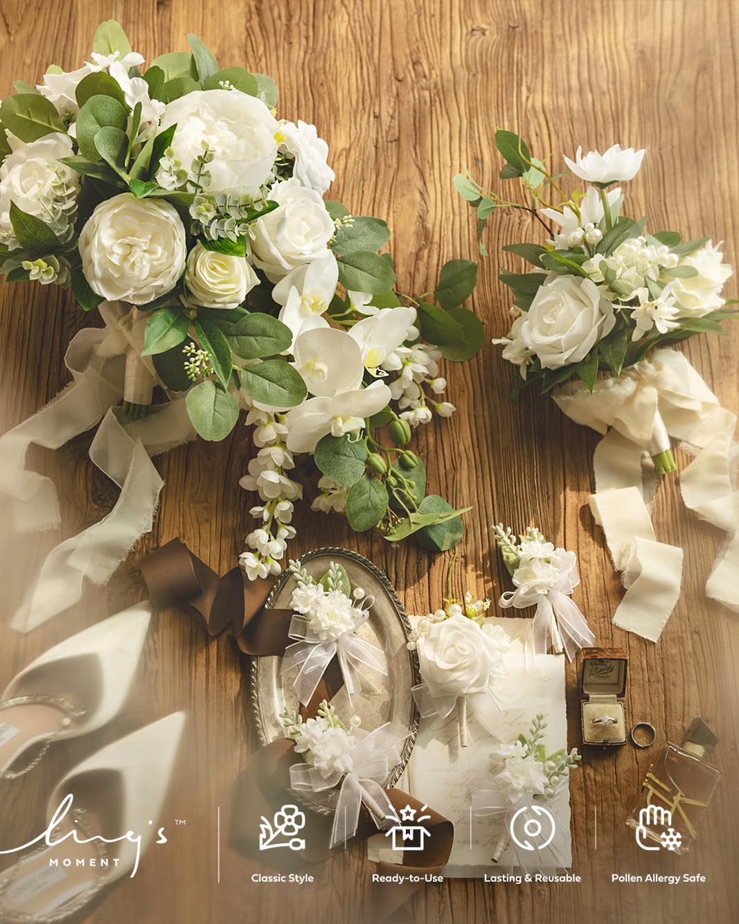 Ling's moment White Bridal Bouquet Cascading, White Wedding Bouquets for Bride, 13 Inch Ivory Bride Bouquets for Wedding Artificial Flowers Bouquets