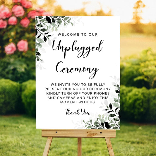 Unplugged Ceremony Wedding Sign – Elegant Greenery Design for Outdoor Weddings – Turn Off Phones & Cameras – Rustic Floral Yard Sign