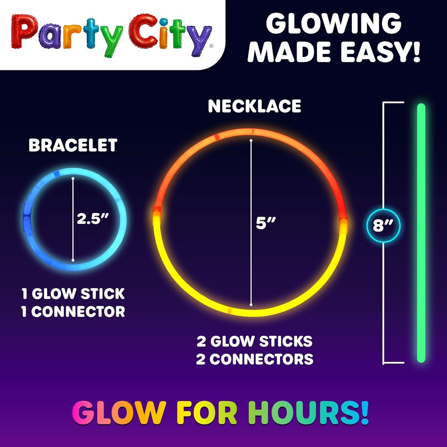 Party City 400 Glow Sticks Bulk Party Pack 8”– Neon Glow in the Dark Party Supplies, Glowsticks with Connectors Bracelets & Necklaces, Light Up Favors for Kids, Adults, Birthdays, Parties, Decorations