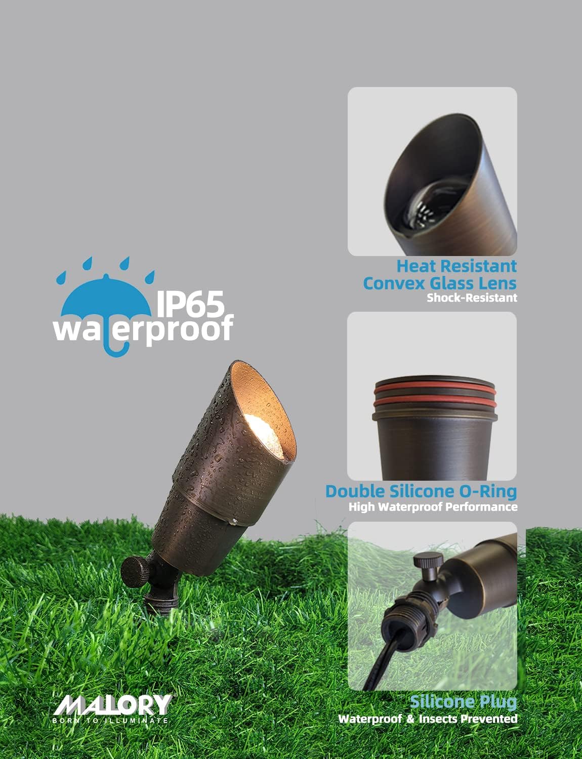 MALORY Brass Landscape Spotlight 1-Pack with Bulb(S01), Low Voltage 12V AC/DC LED Outdoor Landscape Lighting,PVC Ground Stake and Wire Connector Included, Garden Patio Trees Spot Uplight