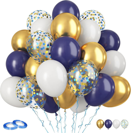 Navy Blue and Gold Balloons, 60Pcs Night Blue Gold Balloons, 12 Inch Metallic Gold Blue Confetti Balloons White Latex Balloons for Boys Birthday Baby Shower Wedding Graduation Party Decorations
