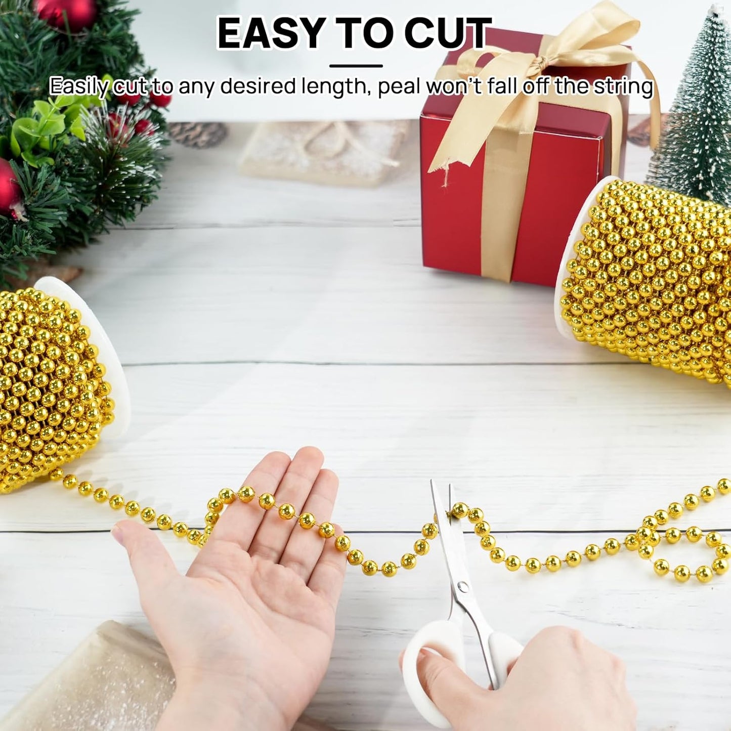 Craft String Pearls 8MM Pearl Bead, 33 Feet Gold Faux Pearl Garland Spool Roll Strand Wedding Party Decoration, Christmas Tree Decorations