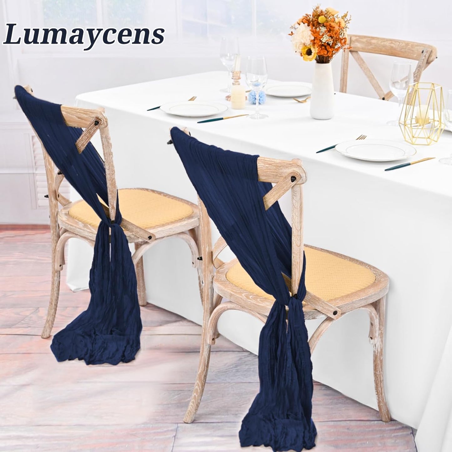 50 PCS Cheesecloth Chair Sashes Bows Wedding Aisle Decorations Chair Ribbon Ties Back Sash for Wedding Party Events Banquet Chair Cover Decoration (Navy Blue)
