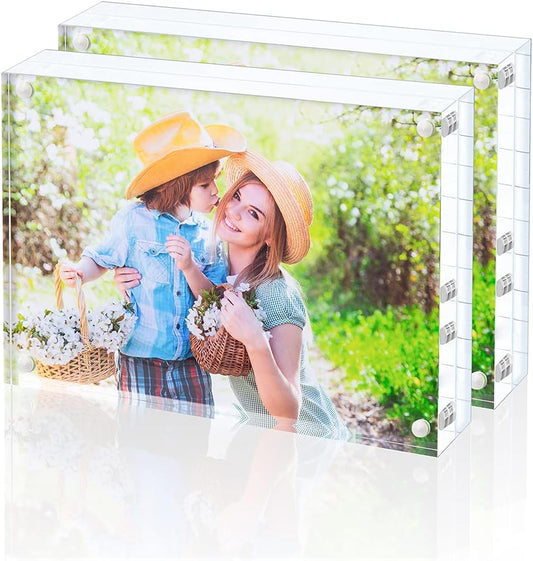 KIURENGT Bloberey Acrylic Picture Frame, Clear Freestanding Double Sided 20mm Thickness Frameless Magnetic Photo Frames Desktop Display with Gift Box Package (3.5x5 2 pack)