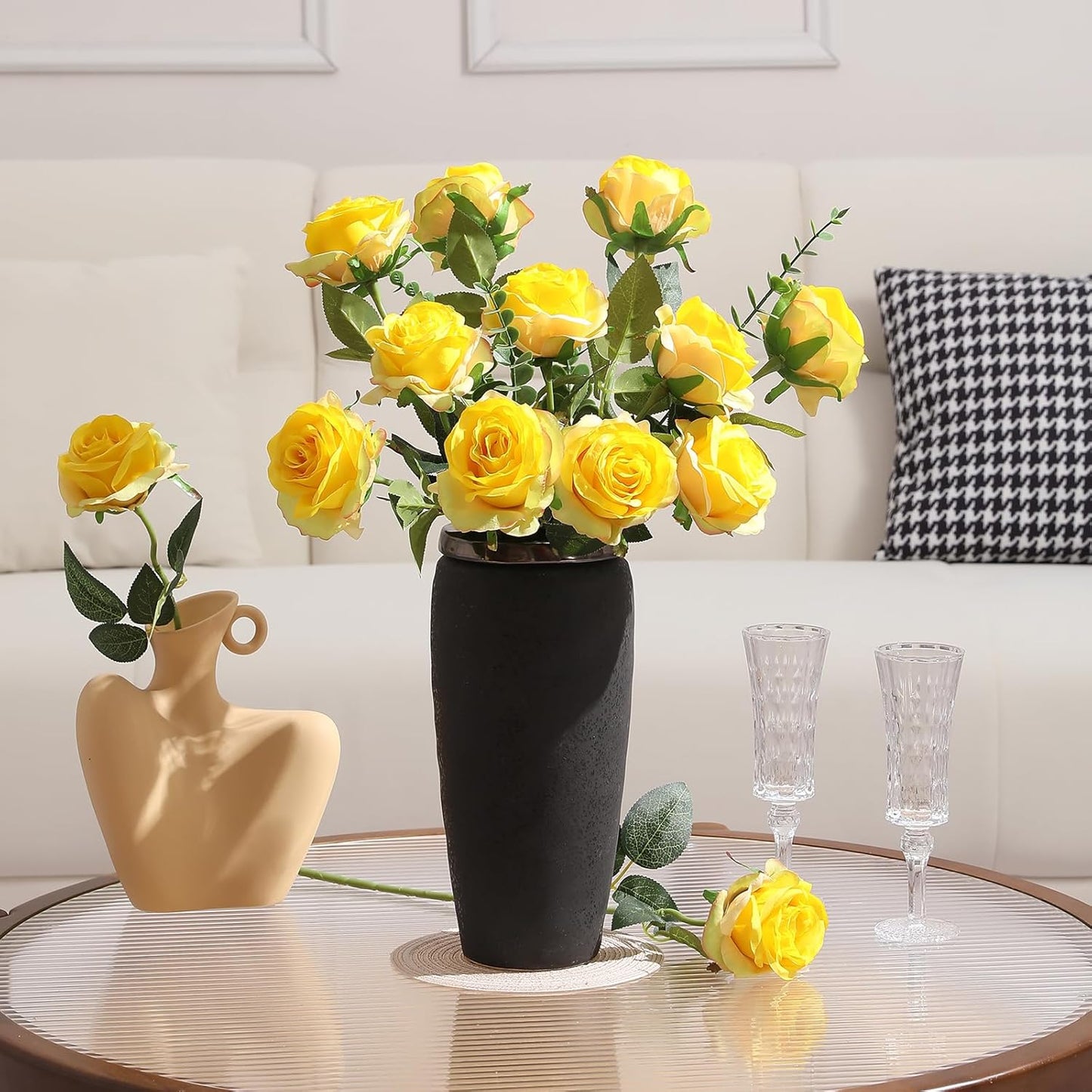 Tifuly Yellow Roses Artificial Flowers -12 pcs Realistic Single Long Stem Fake Silk Roses Bouquet for Party Home Wedding Centerpiece Office DIY Decor