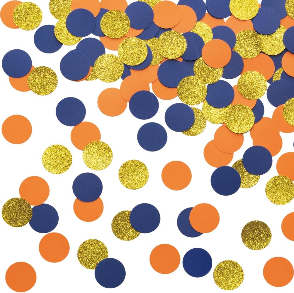 Gold Blue and Orange Confetti Table Decoration for Baby Shower Birthday Wedding Graduation Retirement Party, 1.2 inch in Diameter, 200 Counts