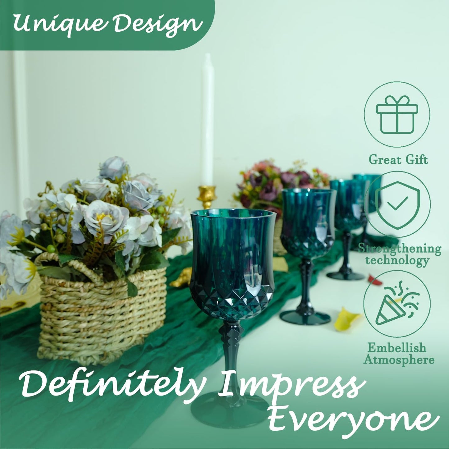 Plastic Wine Glasses，Plastic Goblets Vintage Style Cordial Drinking Glasses for Wedding Reception, Christmas Grand Event Party Supplies (24, Green)