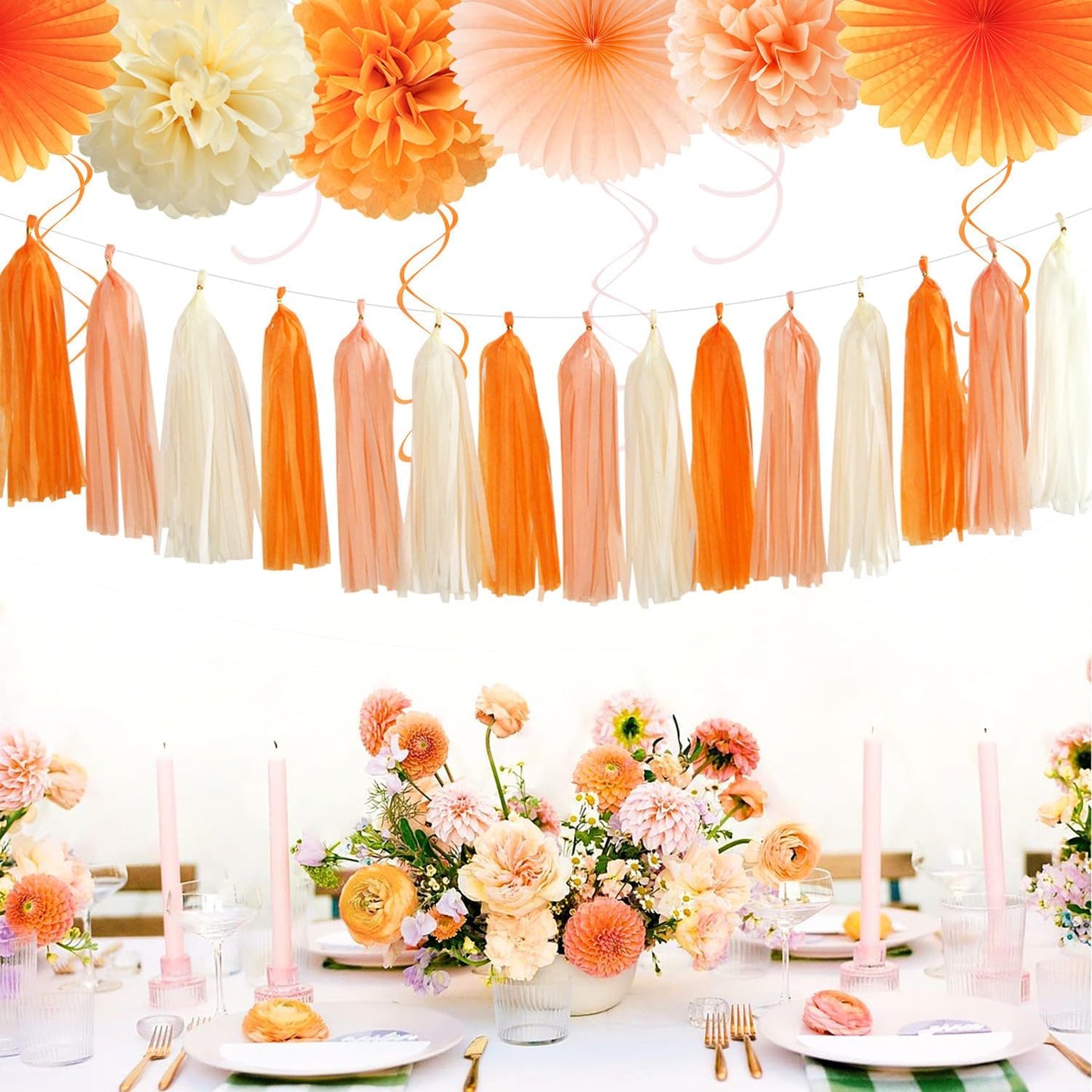 Orange-Peach Beige First Happy-Birthday Party-Decorations - 31pcs 20th Women Girls Bohemian Groovy Paper Lanterns Streamers Banner,Tissue Pom Poms Decor,Fall Boho Fans Tassels Graland Backdrop Hugmoon