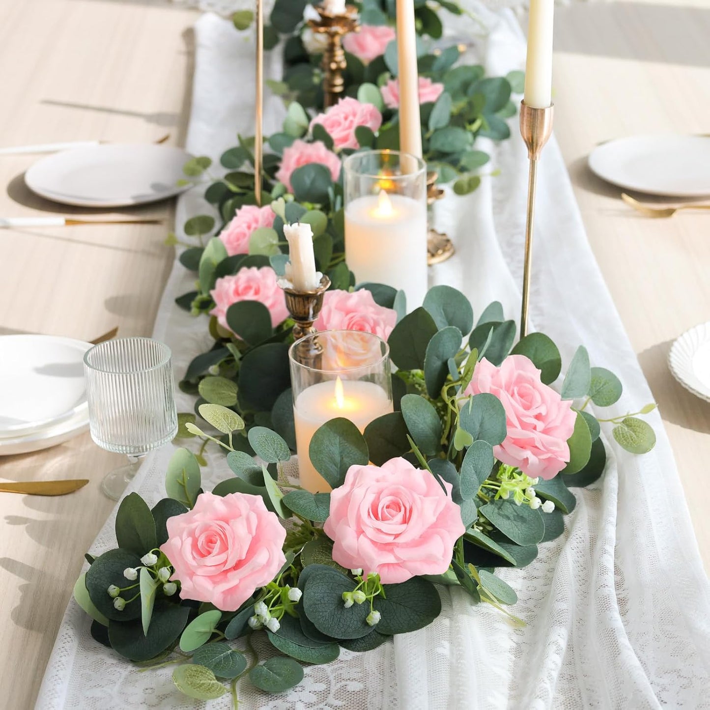 MACTING 6.6FT Flower Garland with Lights - Spring Gypsophila Eucalyptus Garland with 12 Pink Roses Artificial Floral Greenery Vine for Arch Table Centerpieces Backdrop Party Home Wedding Decorations