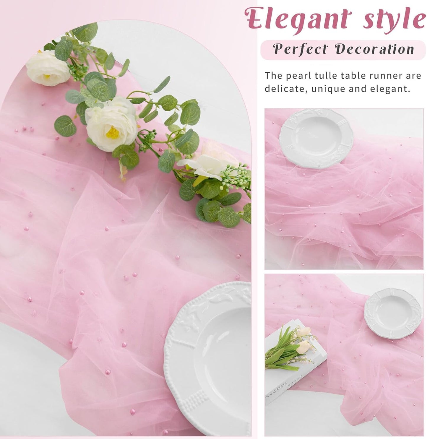 Set of 6 Pearl Table Runner 29 x 120 Inch Tulle Fabric Lace Table Runners Boho Rustic Tablecloth for Bridal Shower Birthday Party Wedding Arch Aisle Veil Dessert Table Decor(Pink)