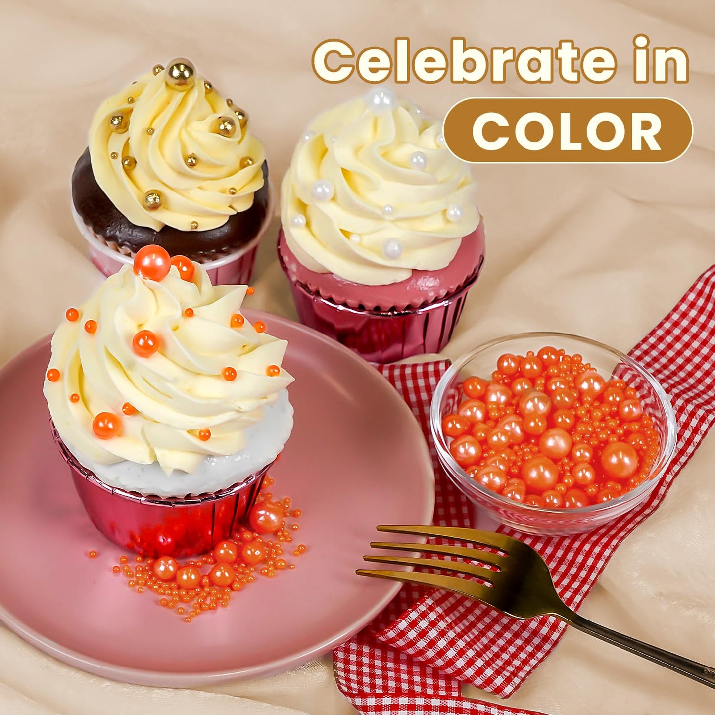 Edible Orange Pearl Sugar Sprinkles, Edible Sugar Sprinkles, Pearls for Cake Decorating, Ice Cream Toppings, Cookie Decorations, Wedding Party Halloween Supplies, 180g/6.35oz