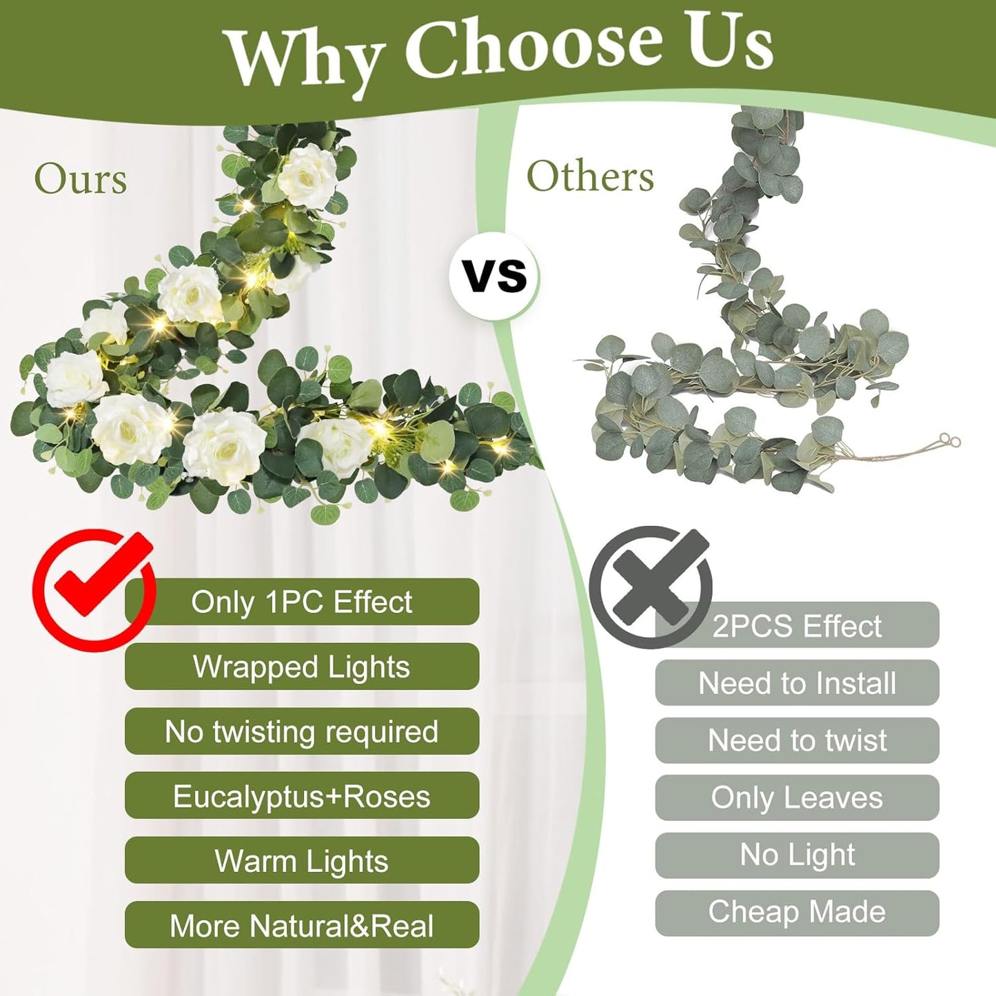 MACTING 6.6FT Flower Garland with Lights Fake Gypsophila Eucalyptus Garland with 12 White Roses Artificial Floral Greenery Vine for Wedding Arch Table Centerpieces Backdrop Party Summer Decorations