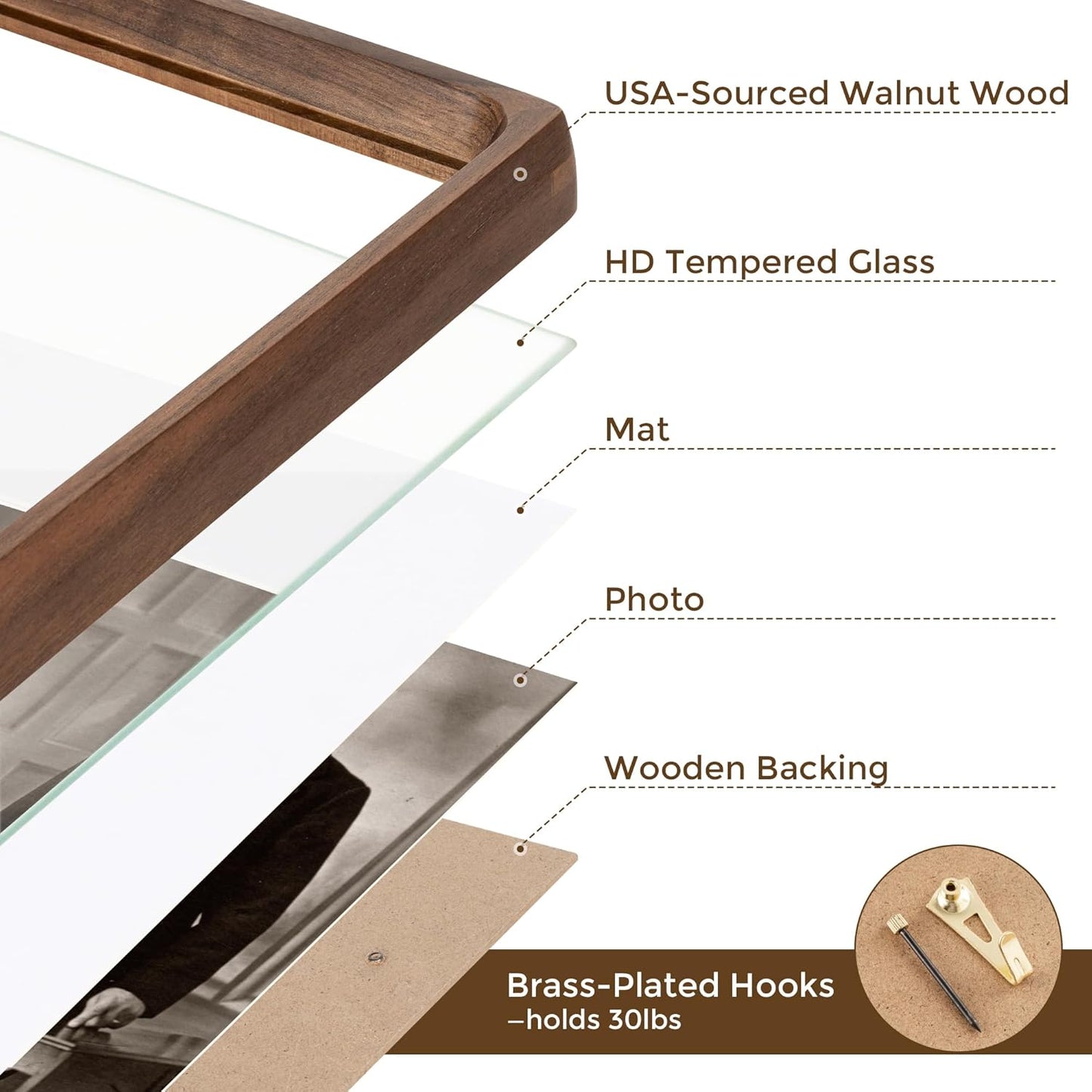 12x16 Frame USA-Sourced Natural Walnut Wood Solid Wood Photo Frame Handcrafted Rounded Corner with Mat to 8.5x11 Picture Frame Display with Real Glass Family Picture, Wedding Photo, Certificate