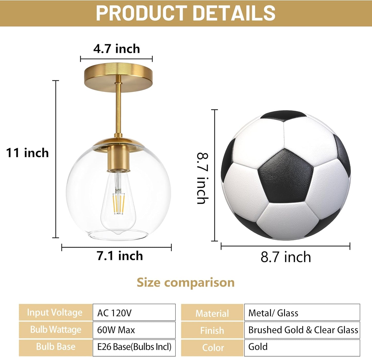 Gold Semi Flush Mount Ceiling Light Fixture with Clear Glass Light Fixture Mid Century Light Fixtures Gold Semi Flush Ceiling Light Fixtures for Dining Room Kitchen Island (Bulb Incl)