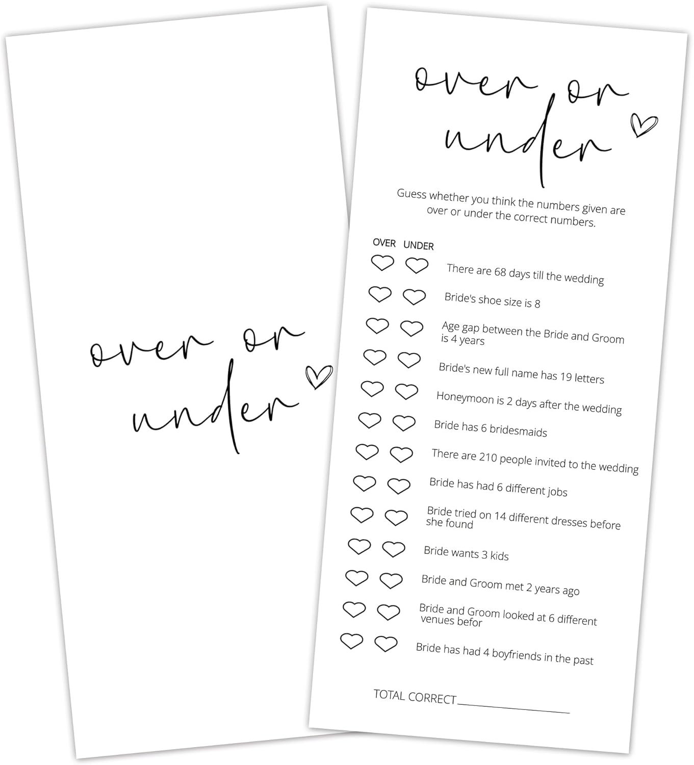 Bridal Shower Games, Over or Under, 25Pcs 4x9inch Minimalist White Double-Sided Bridal Game Cards, Wedding Shower Games for Guests, Engagement Bachelorette Party Supplies - A10