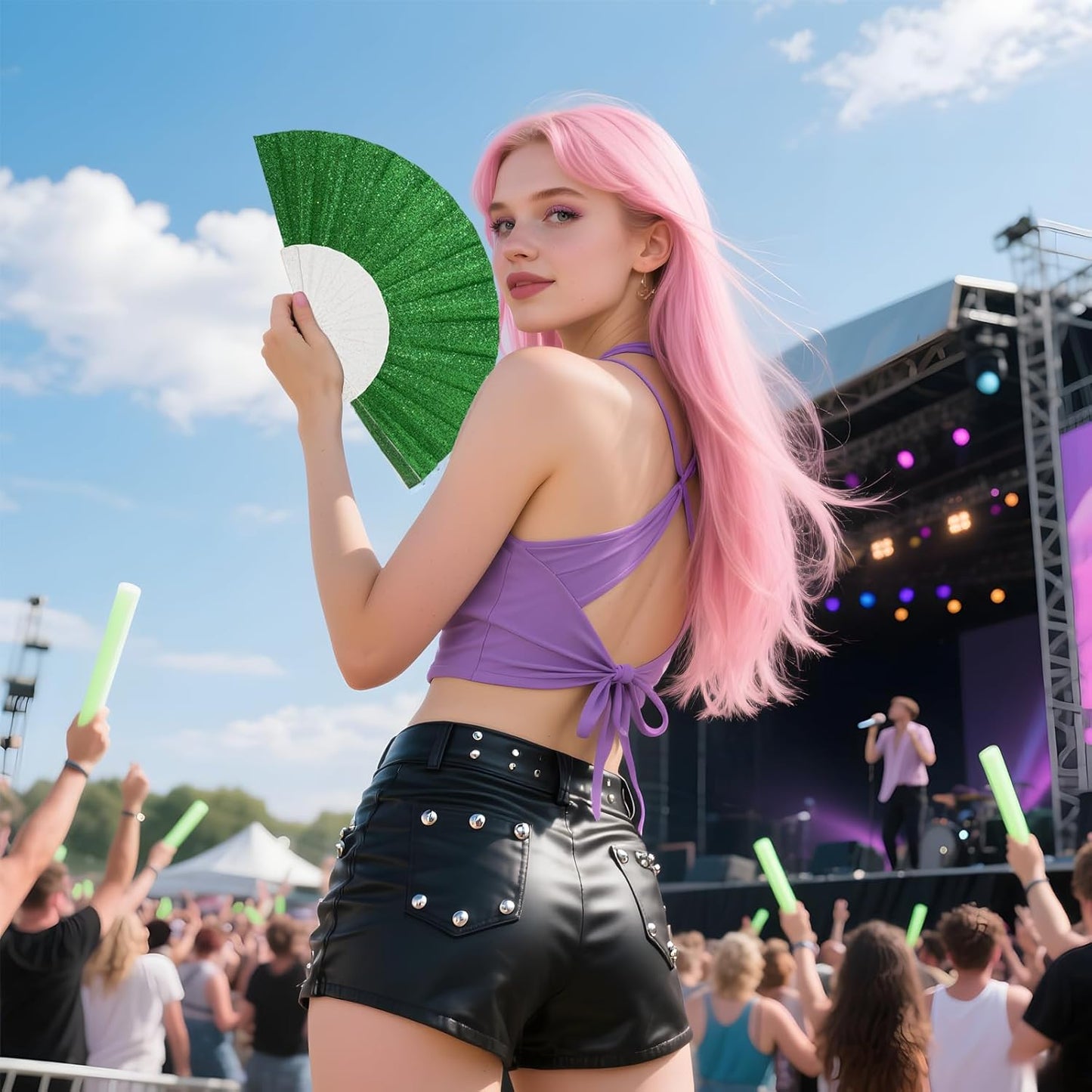 12 Pack Handheld Fan,Folding Hand Glitter fan with Shining Transparent Fan Rib – Ideal for Wedding, Church, Festival, Dance, Tea Party, Club, and EDM Accessories, Light green