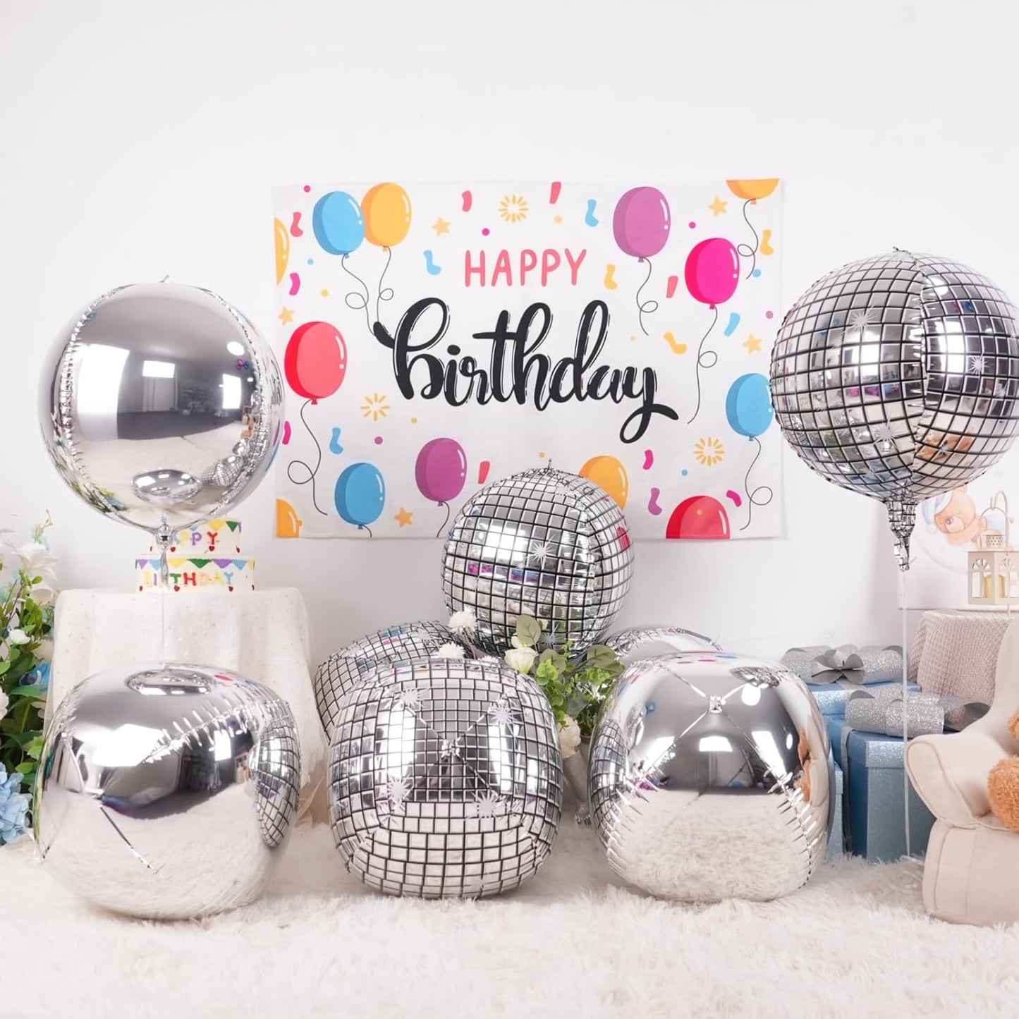 6Pcs 22 Inch Silver Balloons, Disco Ball Balloons with Silver Round Foil Balloon, 70s 80s 90s Theme Large Metallic Disco Balloon for Dance Bachelorette Graduation Birthday Party Supplies