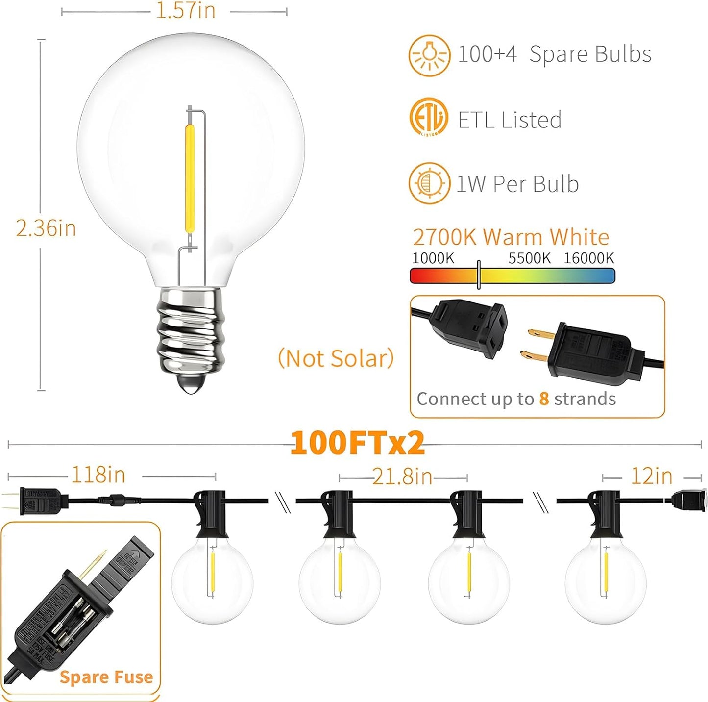 Svater Outdoor String Lights 200 FT, Patio Lights with 104 Shatterproof LED Bulbs, Commercial Grade Waterproof Plastic Hanging Light for Bistro Backyard Cafe Market, Warm White 2700K (2 X 100 FT)
