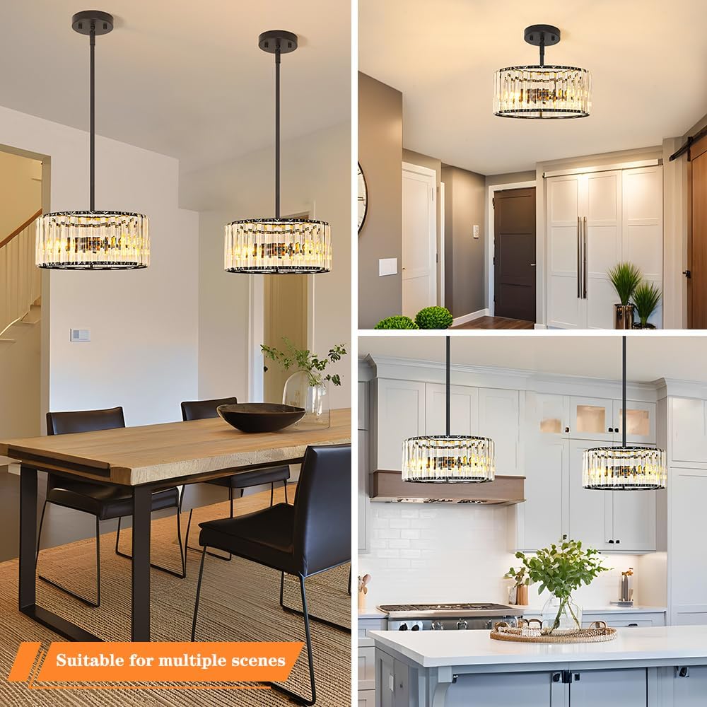 Black 3 Light Crystal Chandelier, Modern Dining Room Light Fixture over Table, Round Kitchen Lighting Fixture, Farmhouse Semi Flush Mount Ceiling Pendant Light for Living Room Bedroom Hallway Entryway