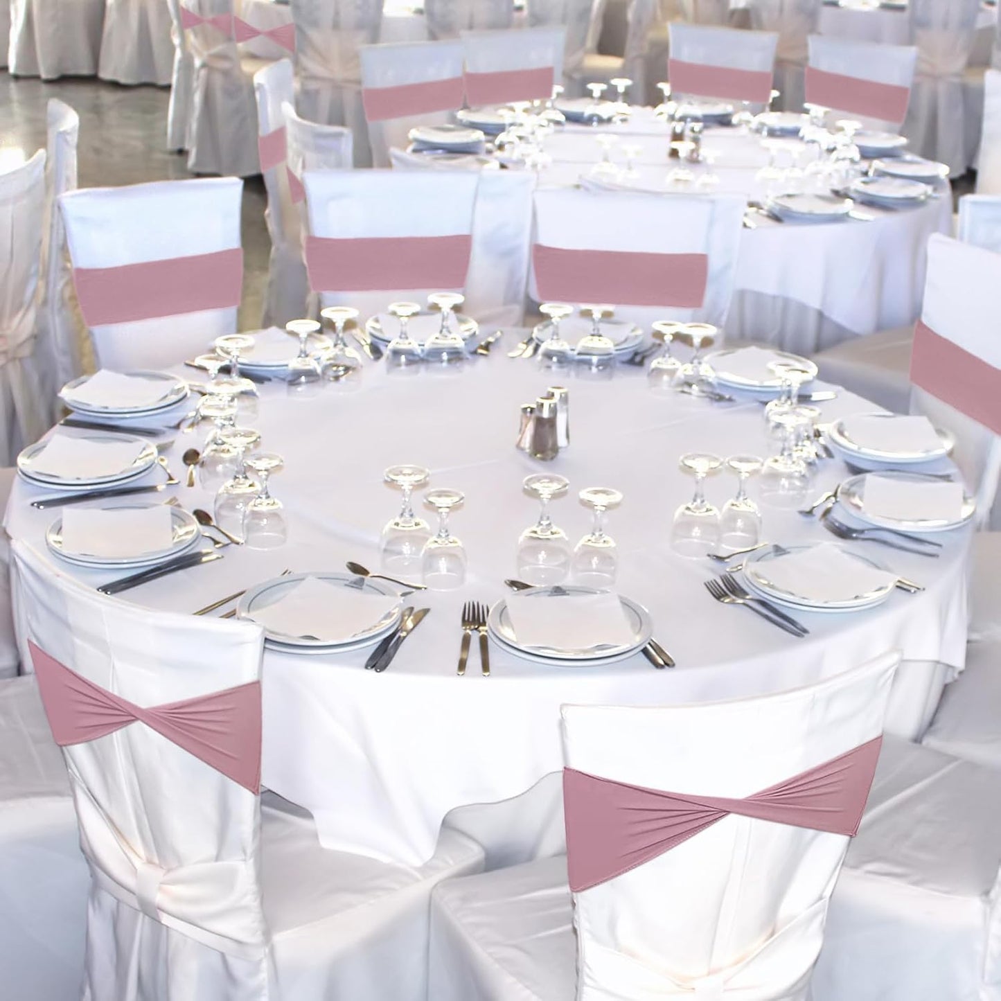 Kinlop 50 Pcs Spandex Chair Sashes Bows Chair Bands Slider Sashes for Covers Elastic Bands Ties Without Buckle Decorations for Wedding Party Events Ceremony Birthday(Dusty Pink)