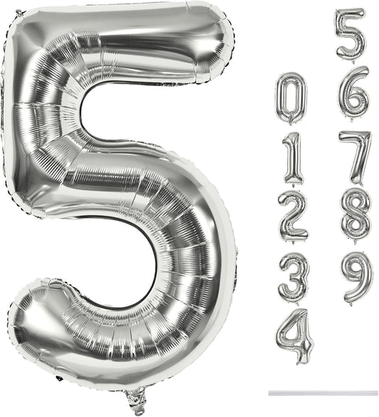 40 Inch Silver Large Numbers Balloons 5, Self Inflating Digit 5 Helium Balloons for 5th Girls Boys, Foil Mylar Big Number Balloon Set 0-9 for Women Men Birthday Party Anniversary Supplies Decorations