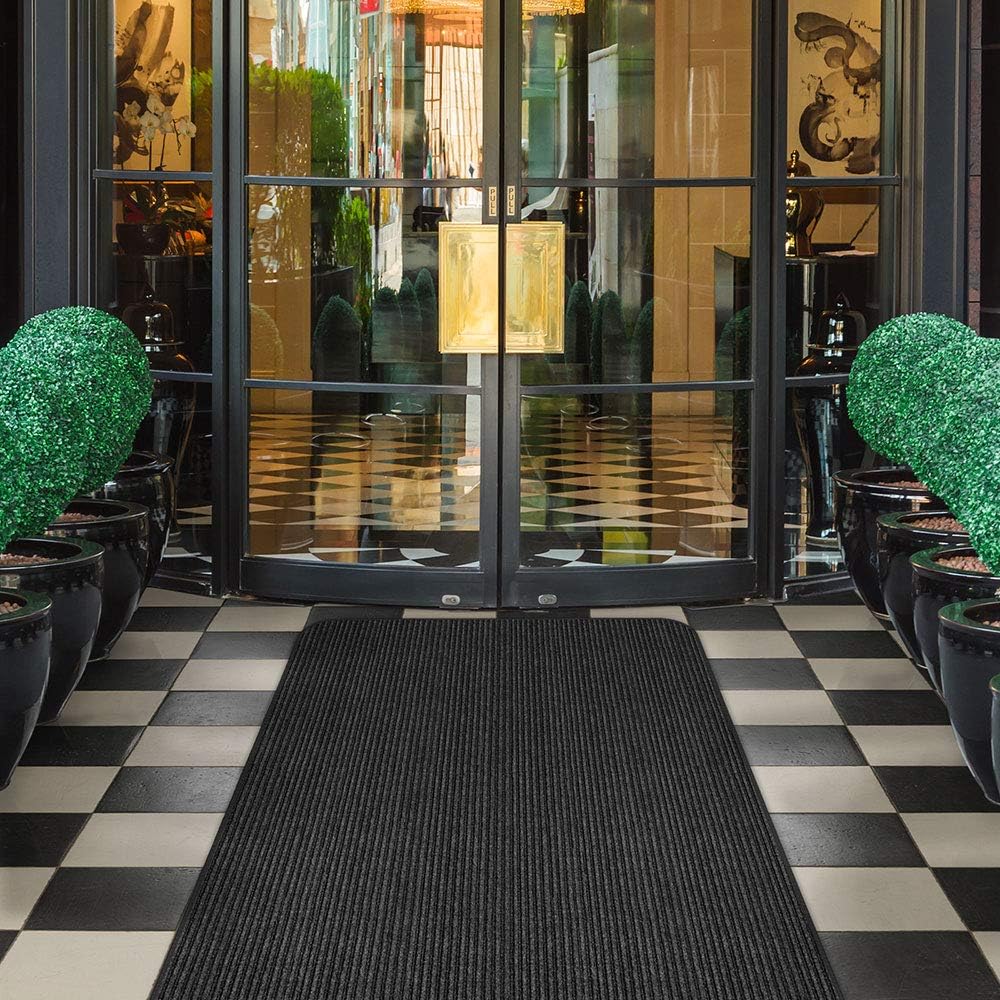 House, Home and More Indoor Outdoor Double-Ribbed Carpet Runner with Skid-Resistant Rubber Backing - Smokey Black - 4 Feet x 15 Feet